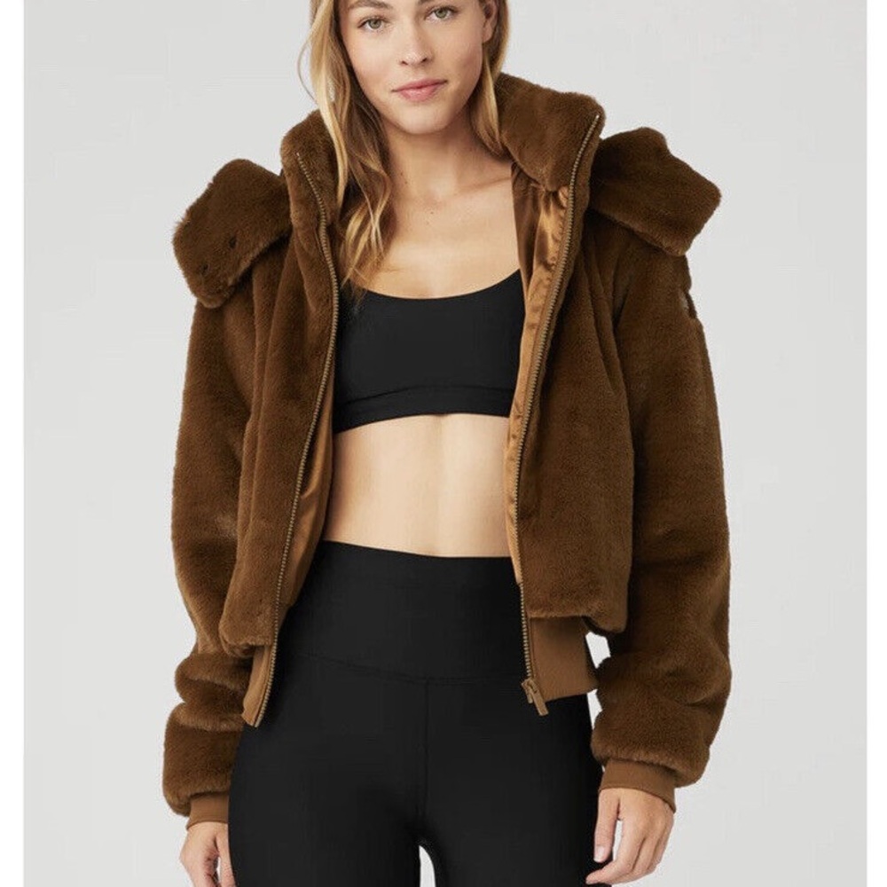 ALO YOGA FAUX FUR FOXY JACKET CHOCOLATE BROWN Removable Hoodie Full Zip Sz M